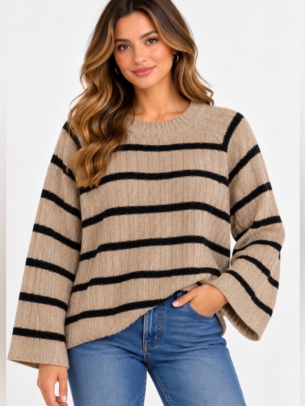 B.Young Striped Bell-Sleeve Sweater in Beige and Black